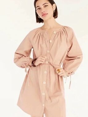 J. Crew Tan Tie Puff Sleeve Button Down Cotton Poplin Dress Resort Boho Office